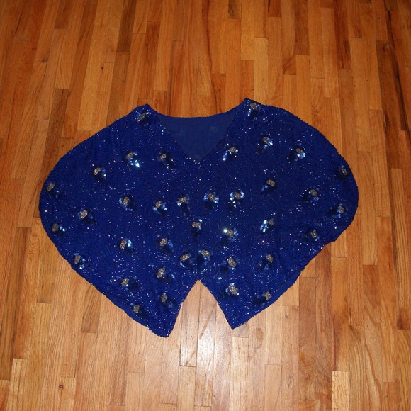 Vintage PEACOCK FEATHER Beaded Blue Silk Top S/M - Picture 5 of 5